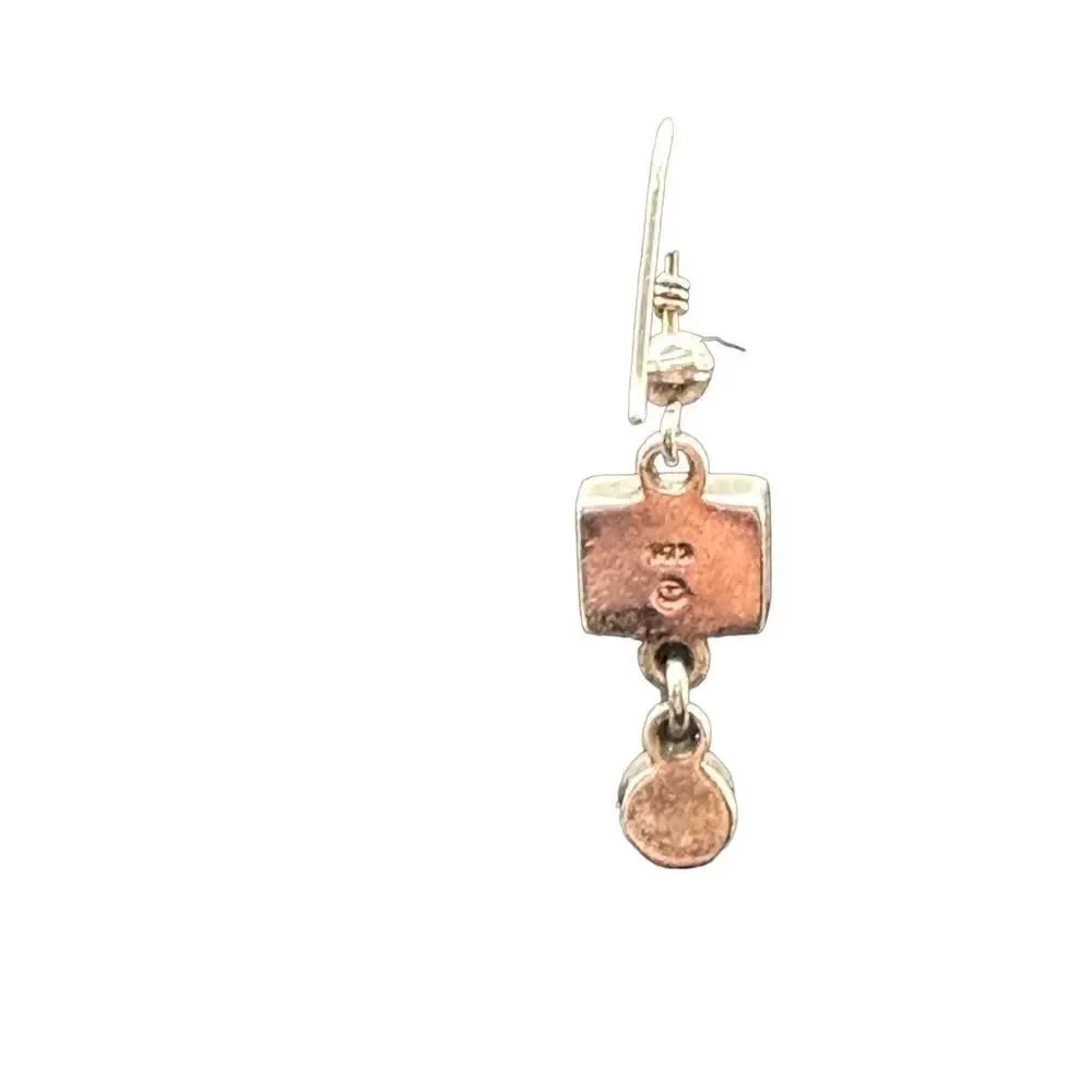 Sterling Silver Dangle Earrings Square Black Onyx with dangle faux pearl cabocho